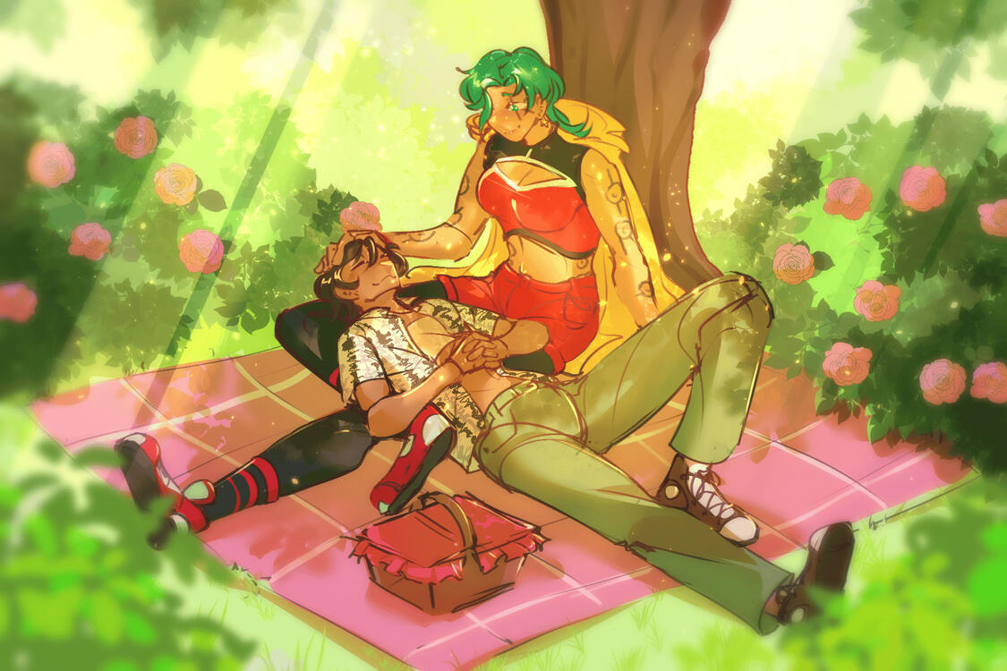 Krys and Ethan on a picnic, art by Mashapandabear.